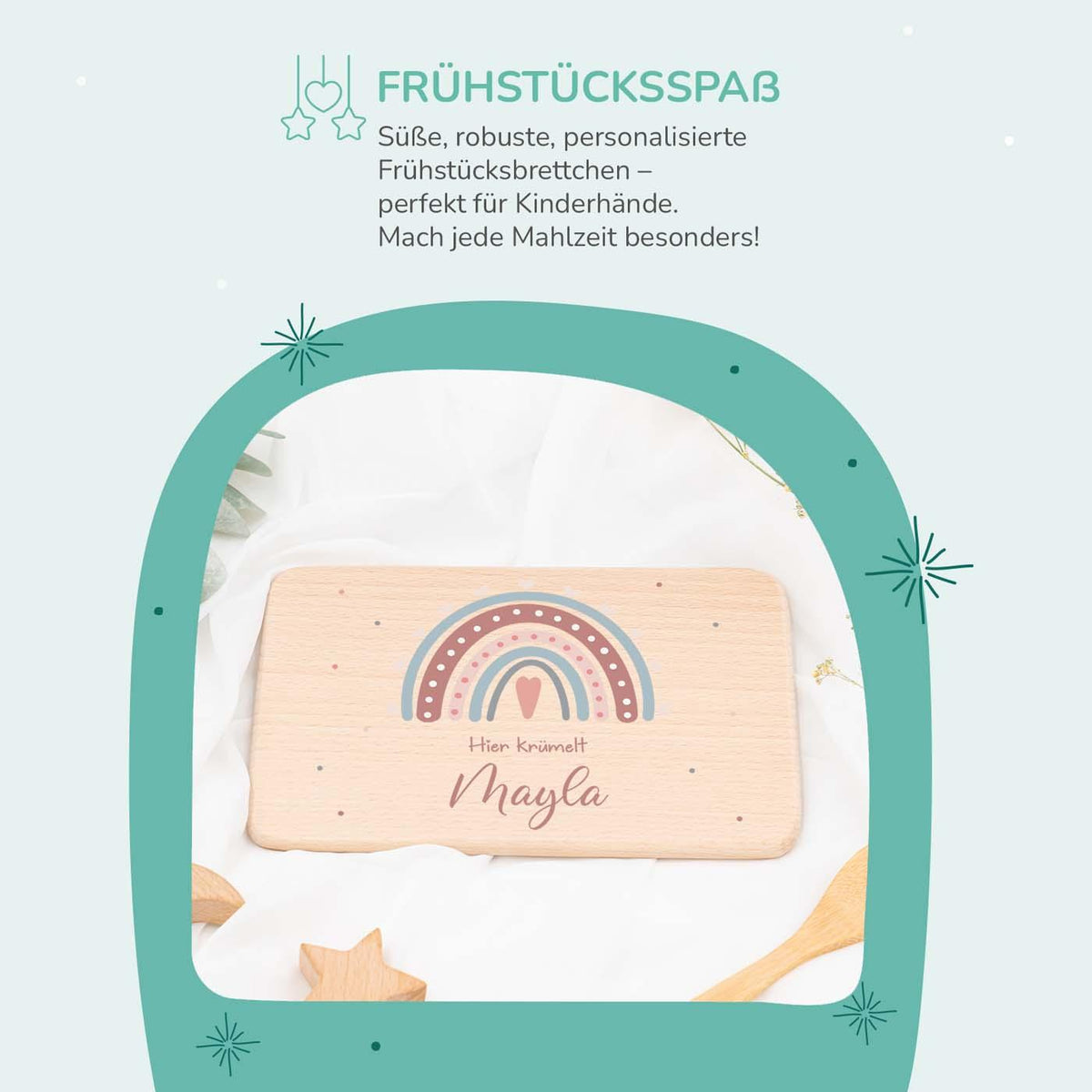 handgefertigtes frühstücksbrettchen mit regenbogen gravur