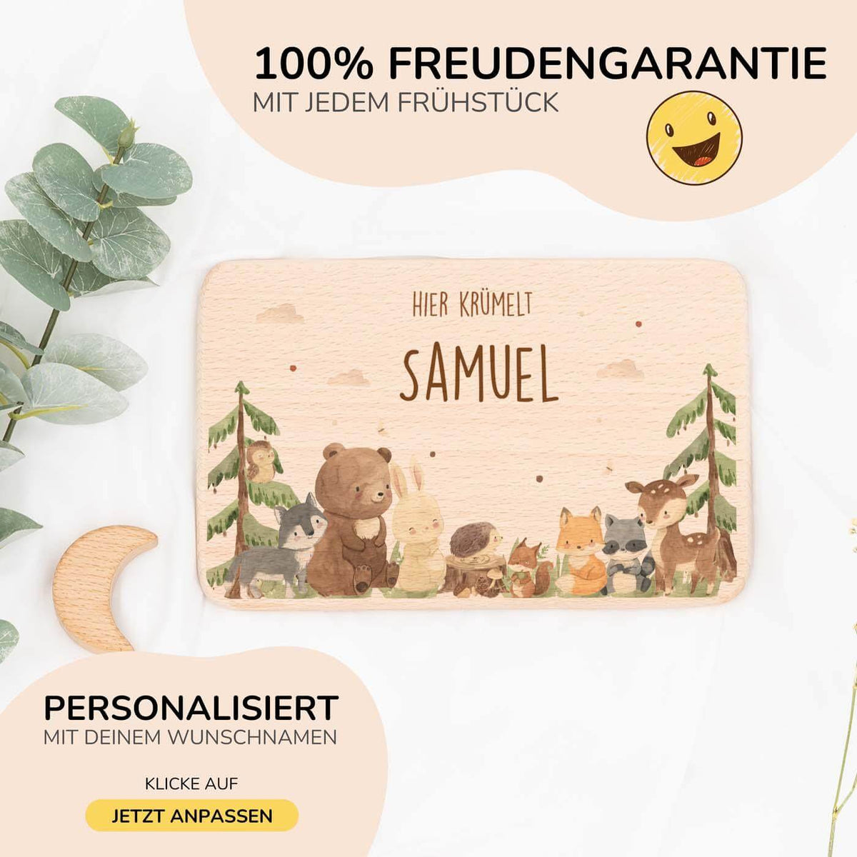 hochwertiges frühstücksbrettchen mit waldtiere personalisiert
