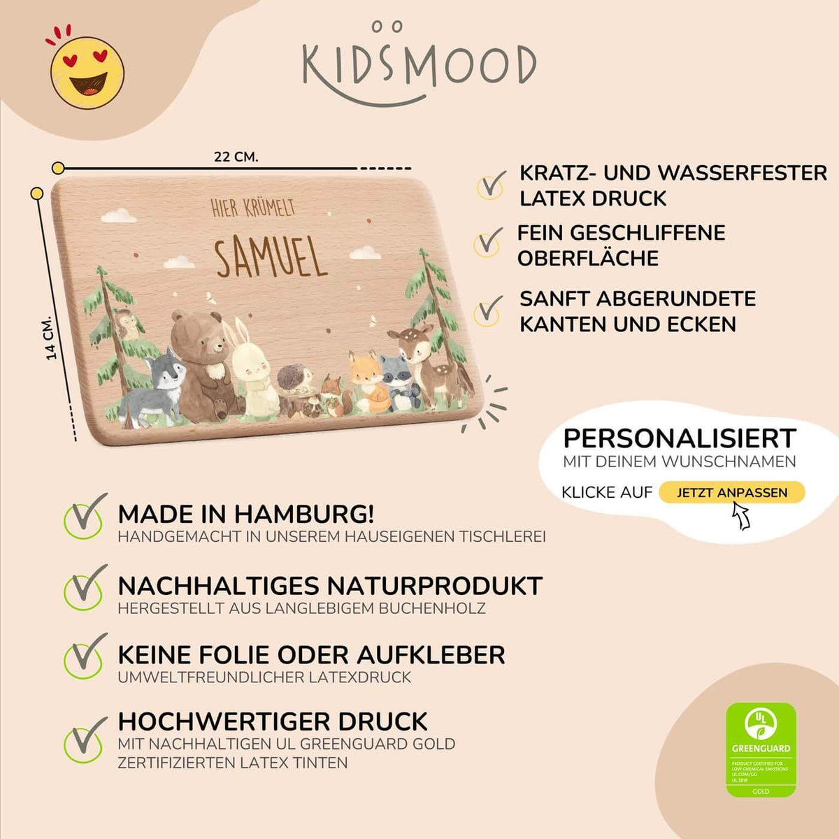 detailansicht der gravur auf dem frühstücksbrettchen mit waldtiere