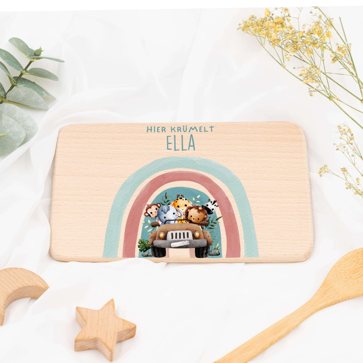 personalisiertes frühstücksbrettchen mit regenbogen-safari design