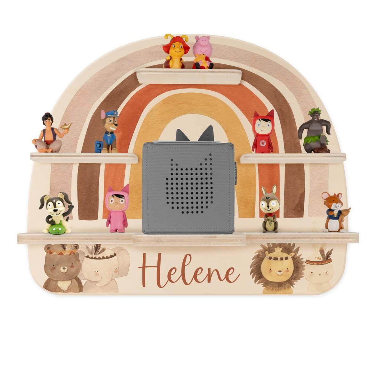 personalized wooden Tonie shelf with boho rainbow design