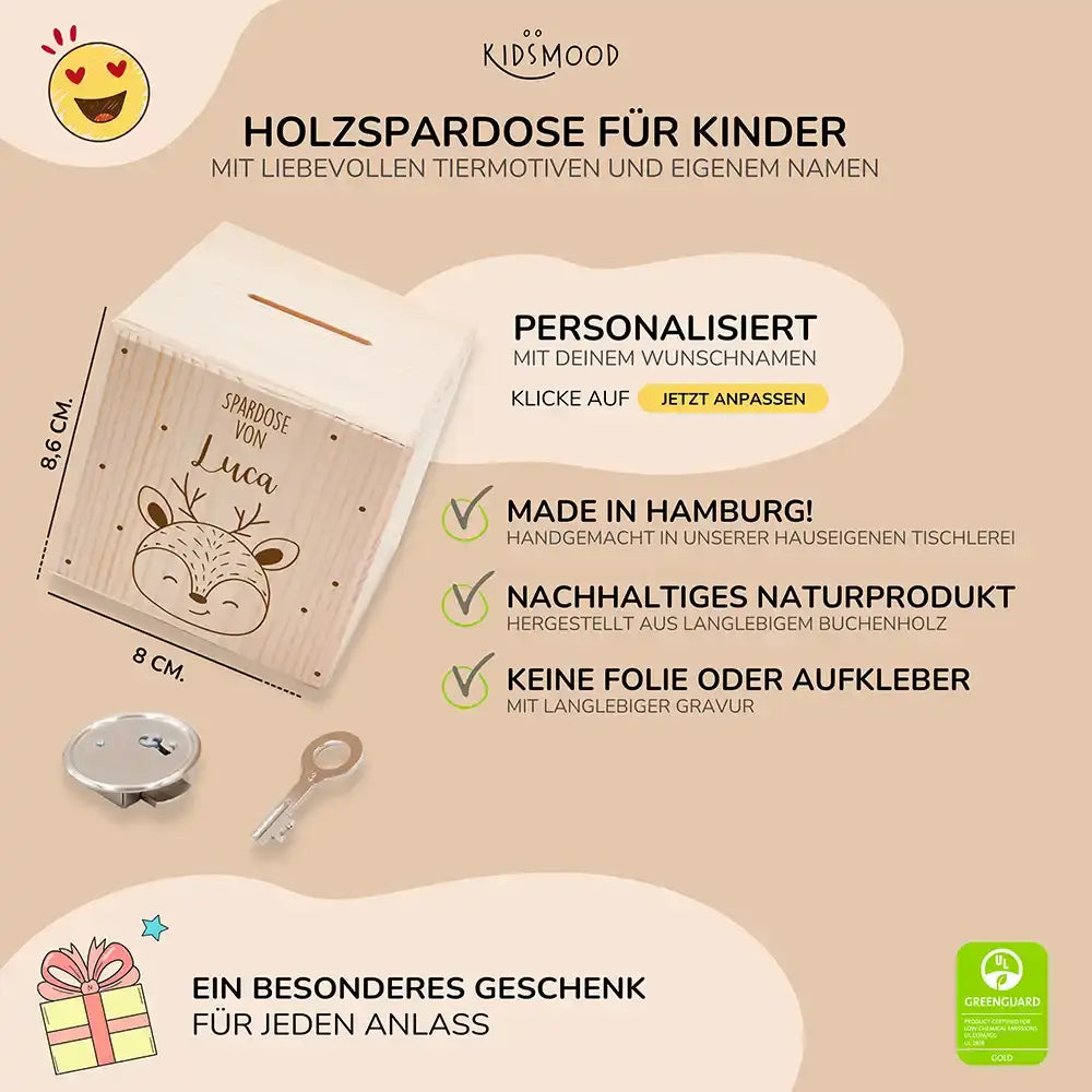 Spardose Kinder, Sparschwein personalisiert - Reh mit Punkten