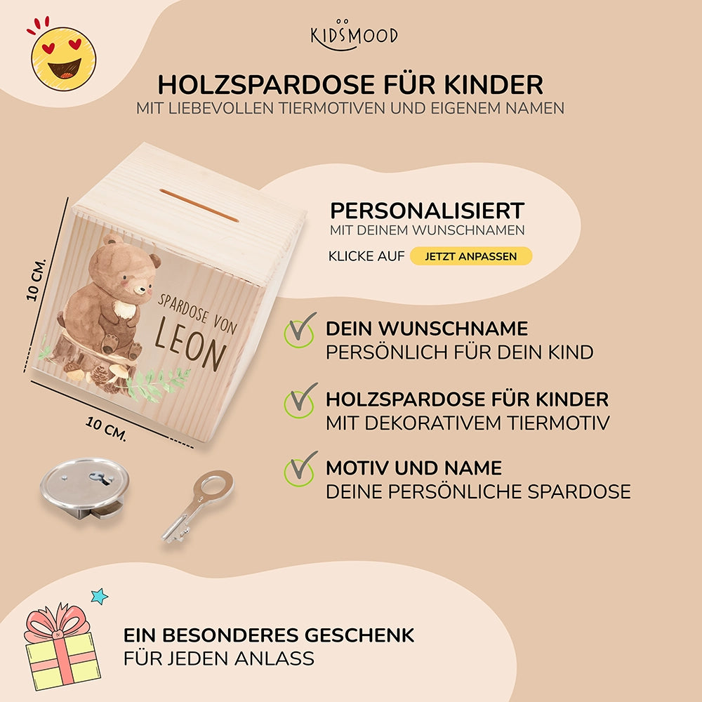 Spardose Kinder, Sparschwein personalisiert bunt - Bär Waldtiere
