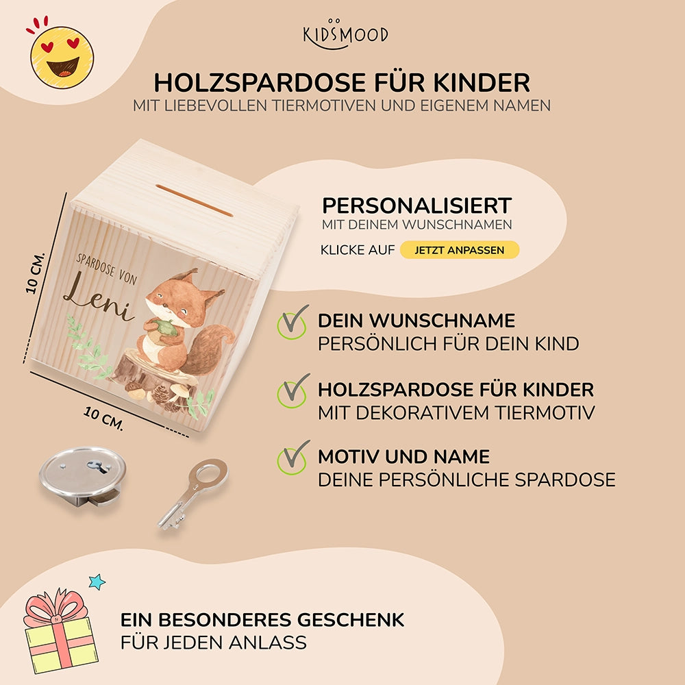 Spardose Kinder, Sparschwein personalisiert bunt - Eichhörnchen Waldtiere