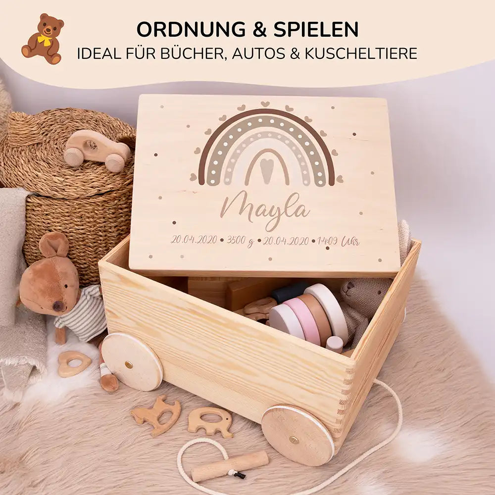 Spielzeugkiste mit Rädern personalisiert - Beige Regenbogen