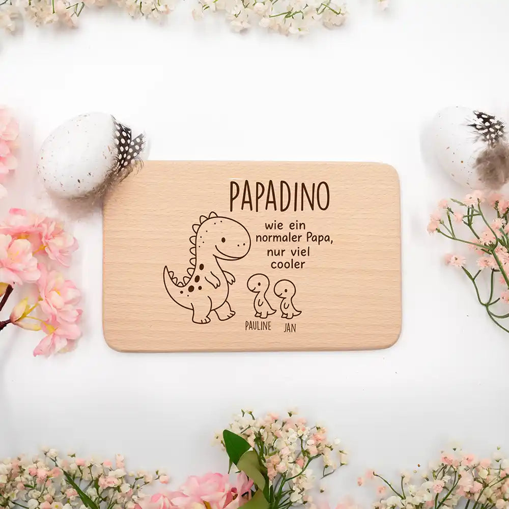 Frühstücksbrettchen Holz Dino mit Gravur - Geschenk Vatertag
