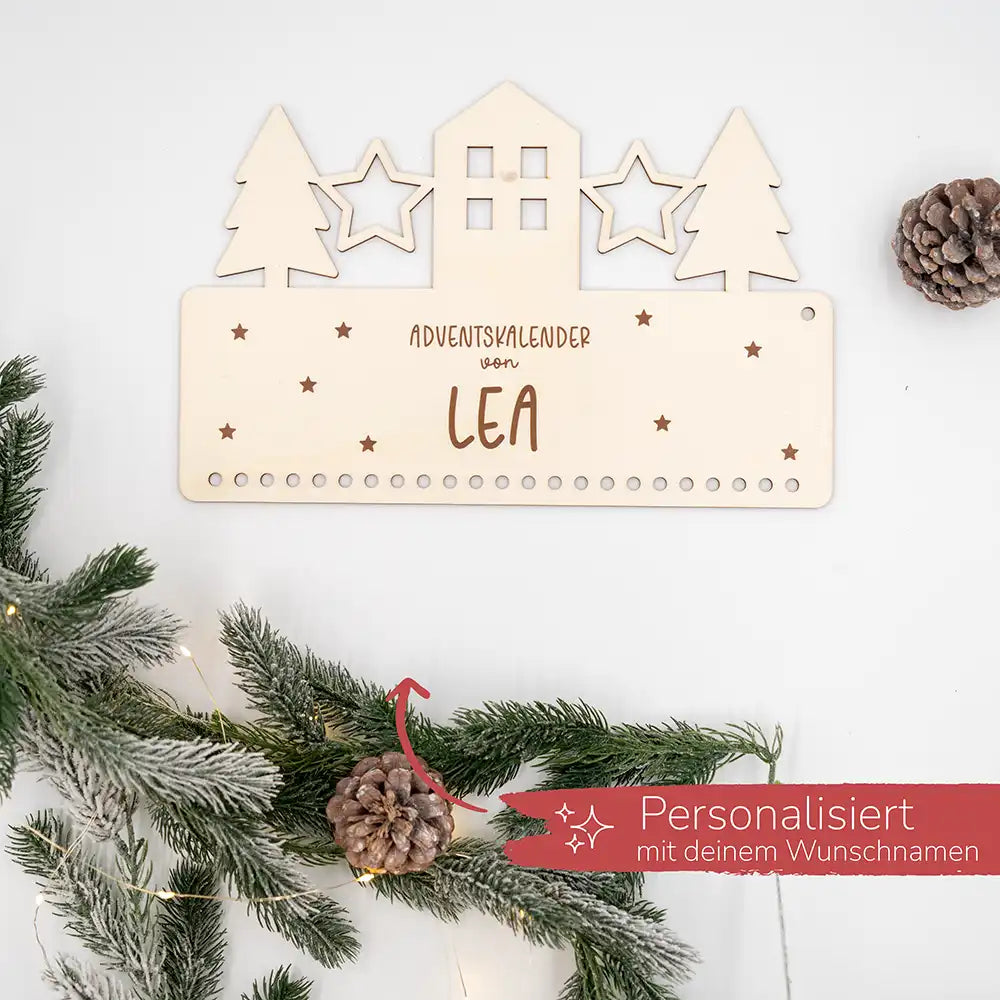 Personalisierbarer Adventskalender "Stadtsilhouette" - Holz & Jute für Kinder