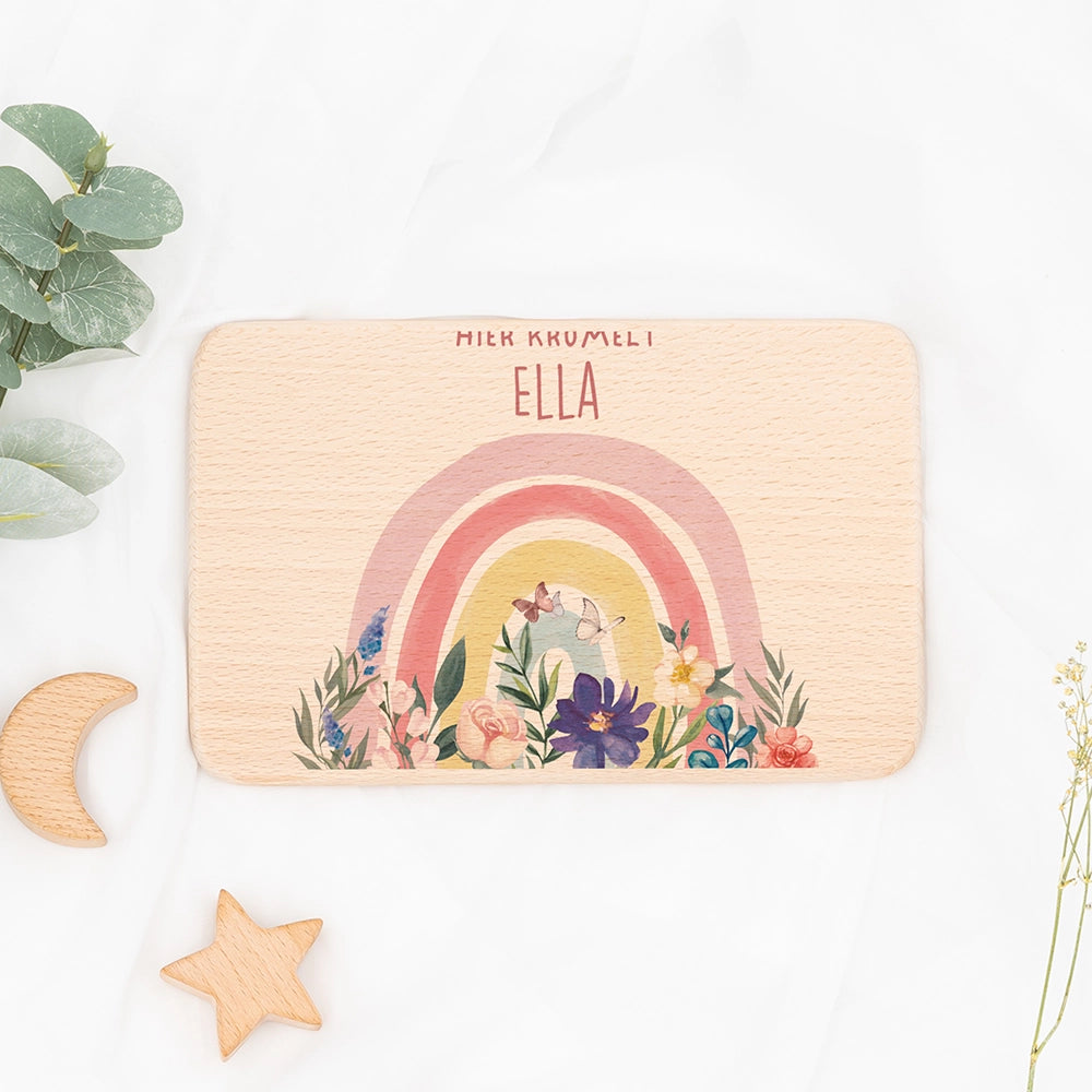Frühstücksbrettchen Holz personalisiert - Blumen Regenbogen