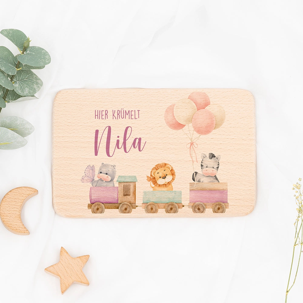 Frühstücksbrettchen Holz personalisiert - Tiere Eisenbahn