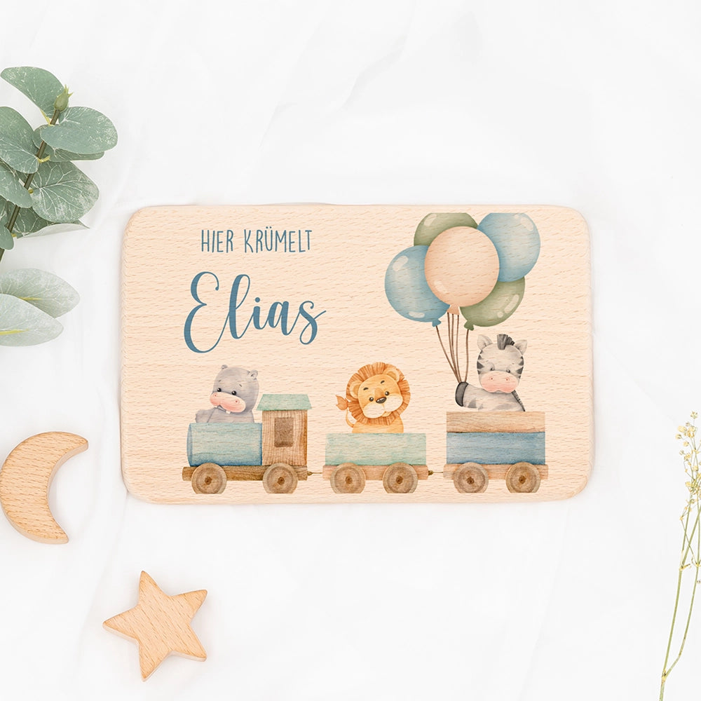 Frühstücksbrettchen Holz personalisiert Tiere Eisenbahn