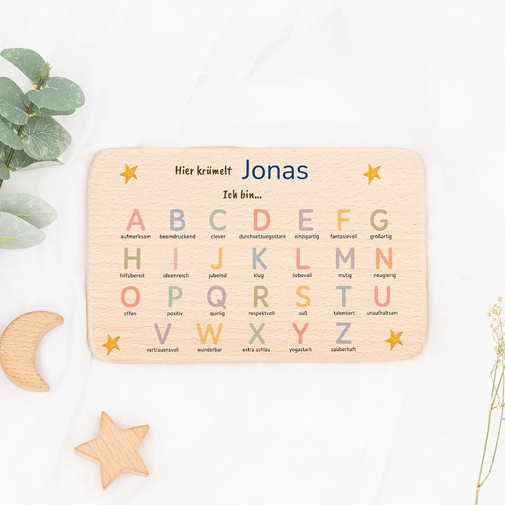 ABC Brettchen Kinder personalisiert – Sterne pastell