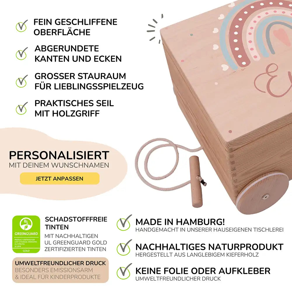 Spielzeugkiste mit Rädern personalisiert - Niedlicher Regenbogen