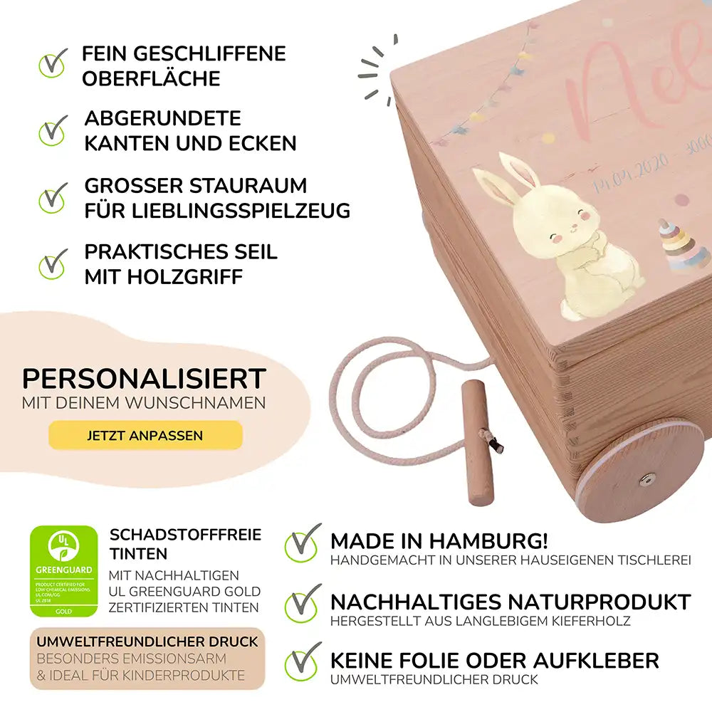 Spielzeugkiste mit Rädern personalisiert - Hasenfreude