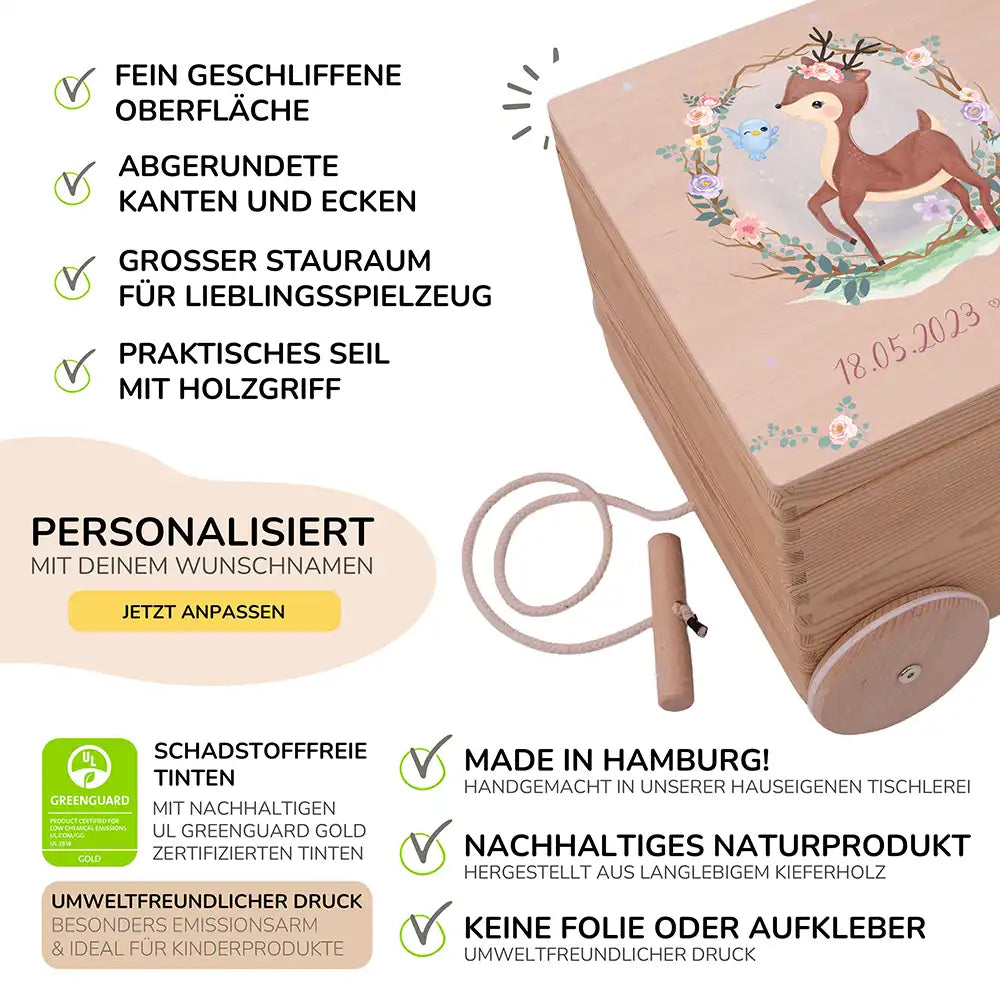 Spielzeugkiste mit Rädern personalisiert - Reh Gravur