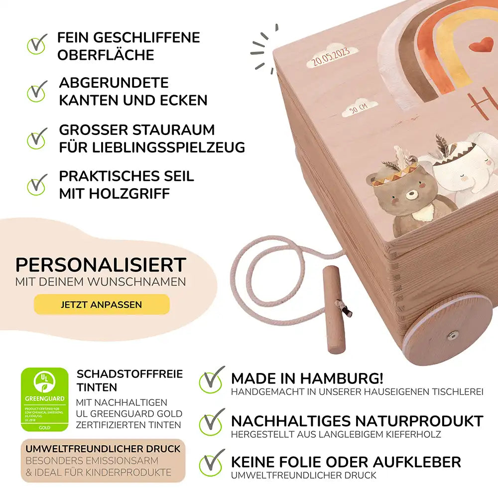 Spielzeugkiste mit Rädern personalisiert - Regenbogen mit Bär und Löwe
