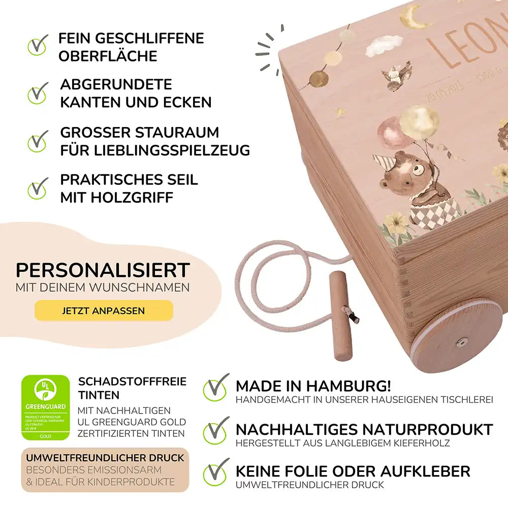 Spielzeugkiste mit Rädern personalisiert - Bezaubernde Waldtiere