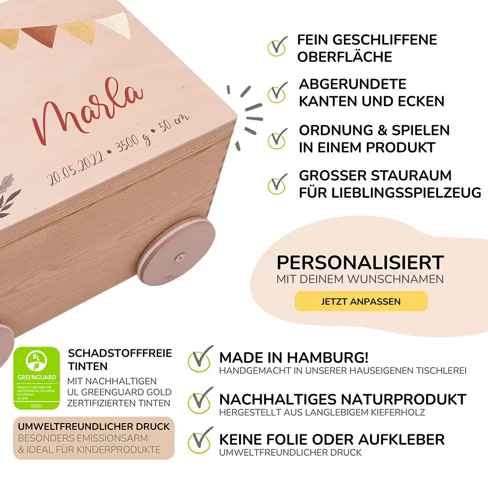 Spielzeugkiste mit Rädern personalisiert - Einhorn
