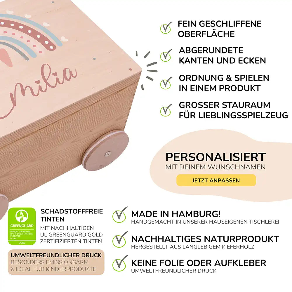 Spielzeugkiste mit Rädern personalisiert - Niedlicher Regenbogen