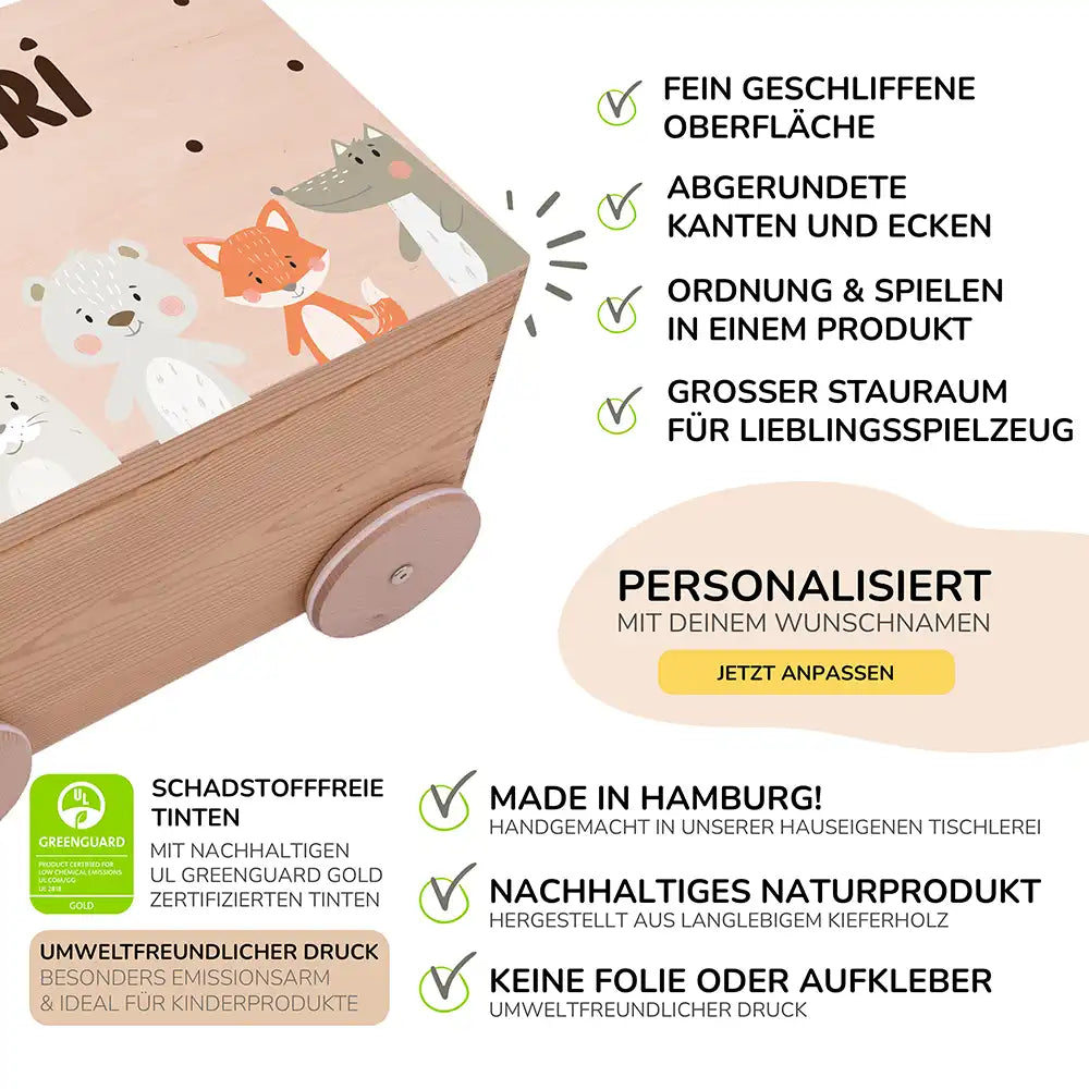 Spielzeugkiste mit Rädern personalisiert - Winterliche Waldtiere