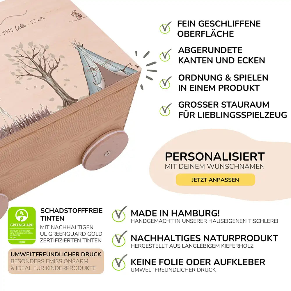 Spielzeugkiste mit Rädern personalisiert - Tipi