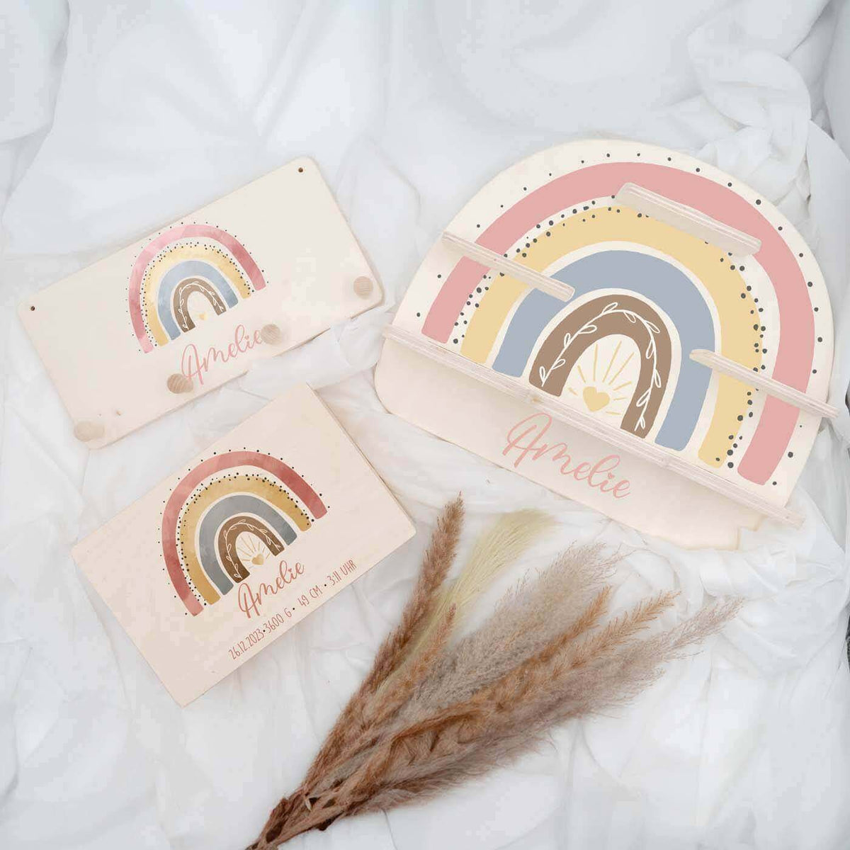 regenbogen-bundle mit personalisierter erinnerungskiste tonieboxregal und garderobe