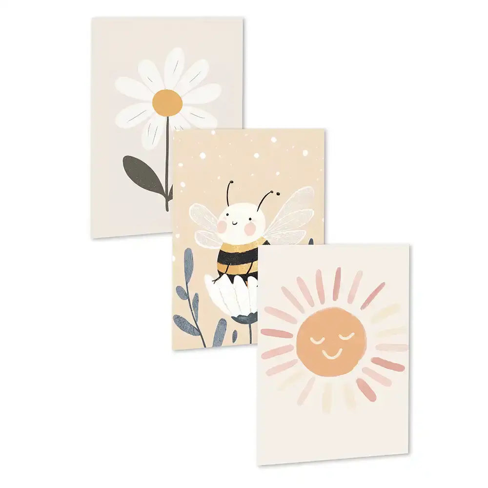 Poster 3er-Set - Gänseblümchen, Biene & Sonne fürs Kinderzimmer