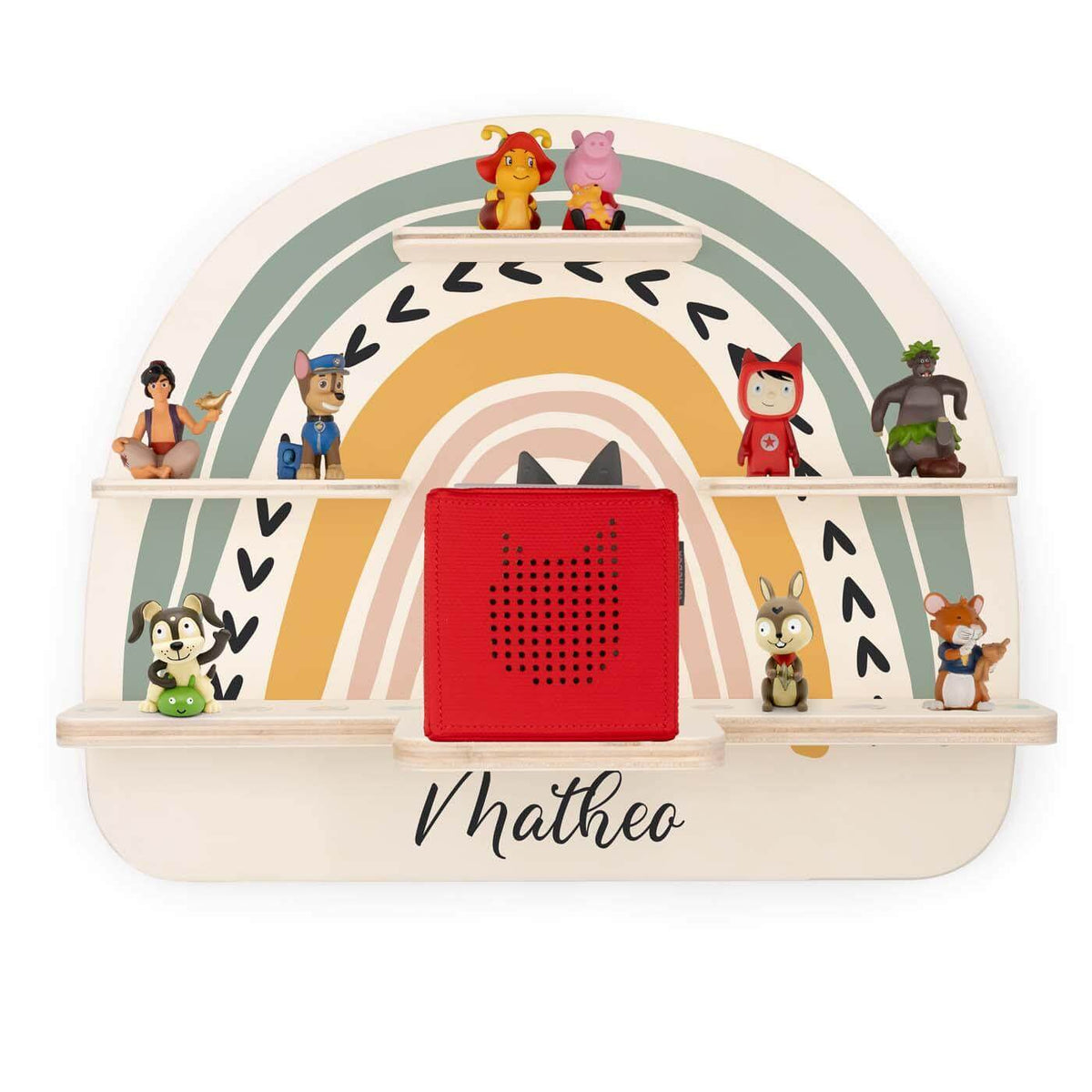personalized wooden Tonie shelf with standard rainbow design