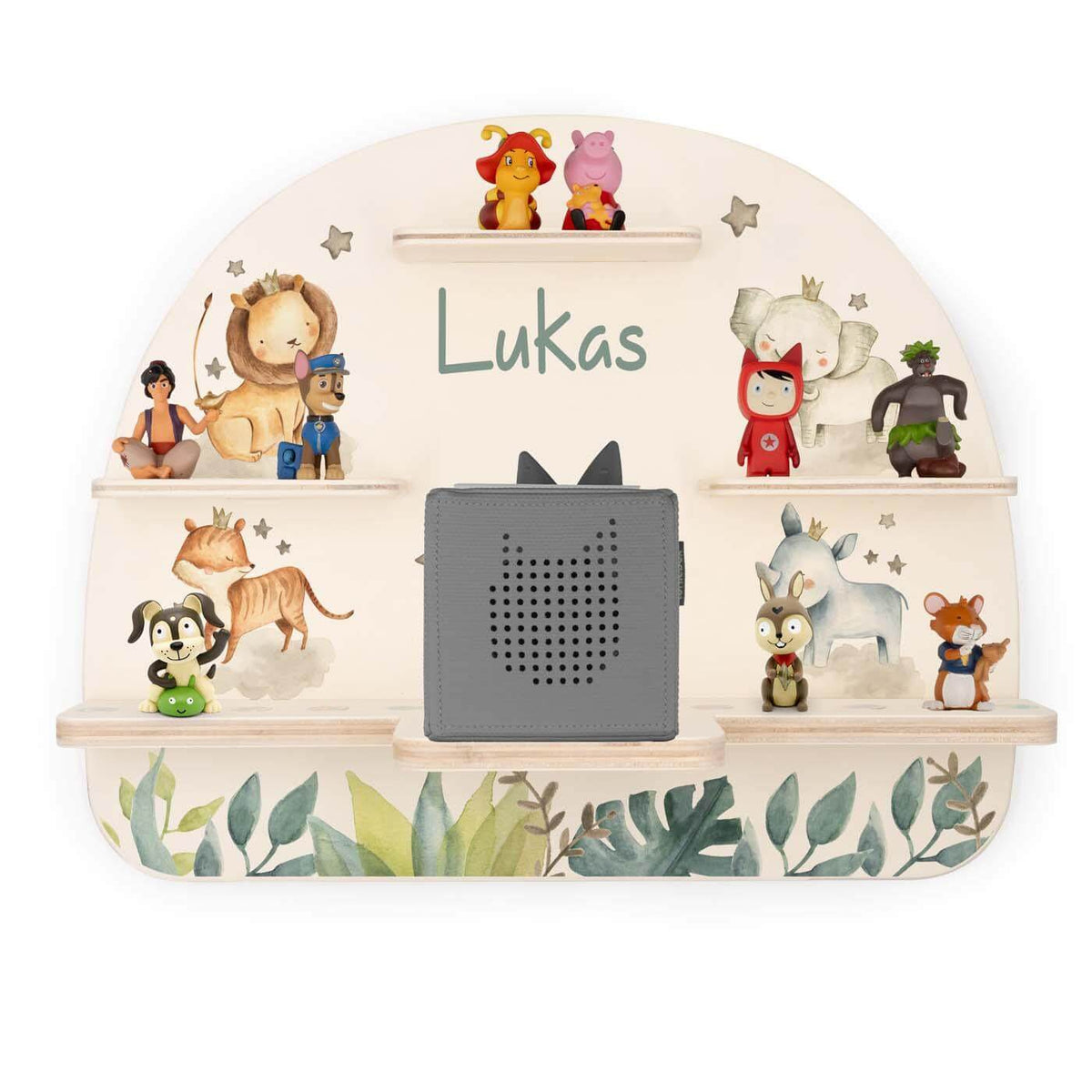 personalisiertes tonie-regal aus holz mit jungle tierfamilie design