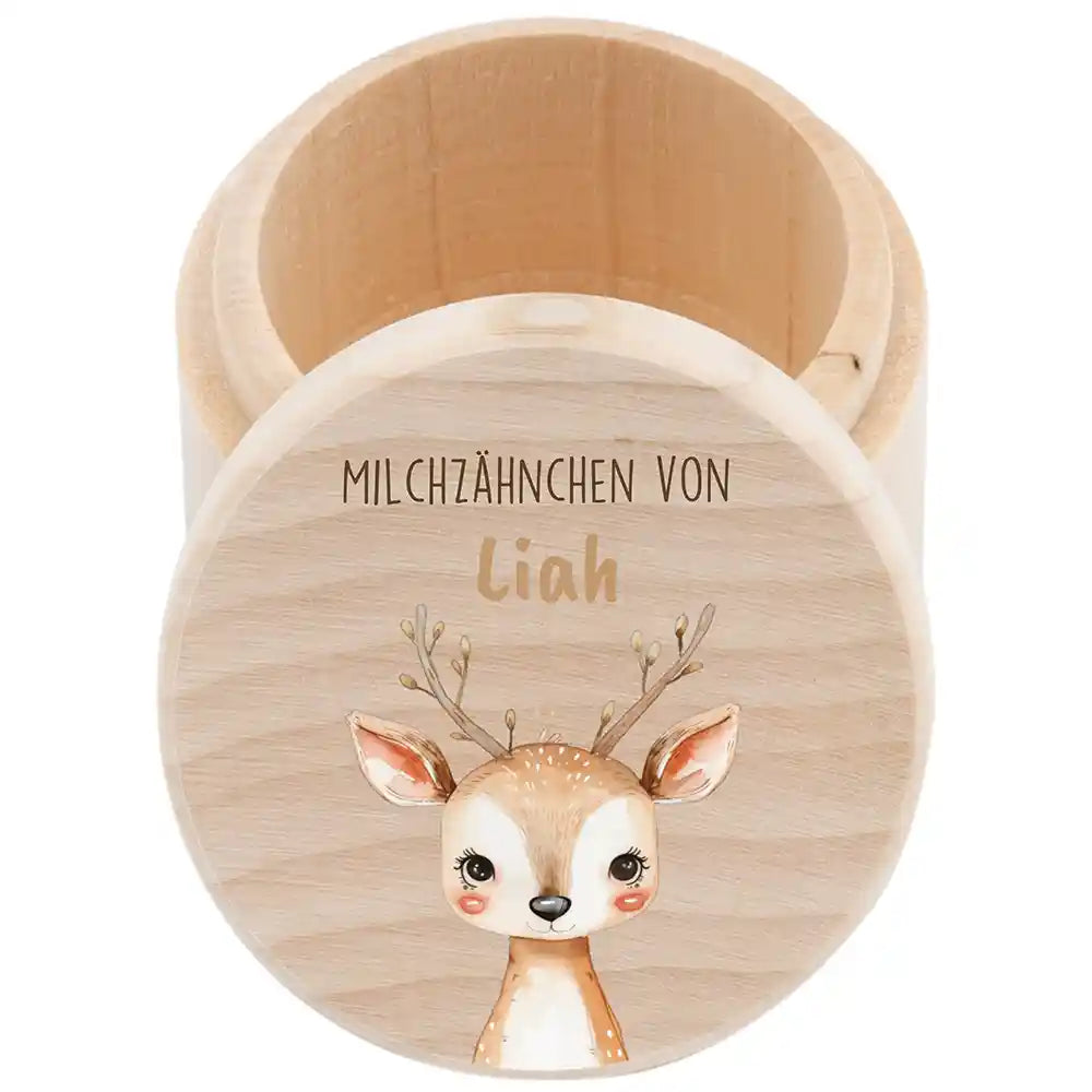 Zahndose Milchzähne personalisiert - Holz Zahnbox mit Wunschnamen - Baby Reh Motiv