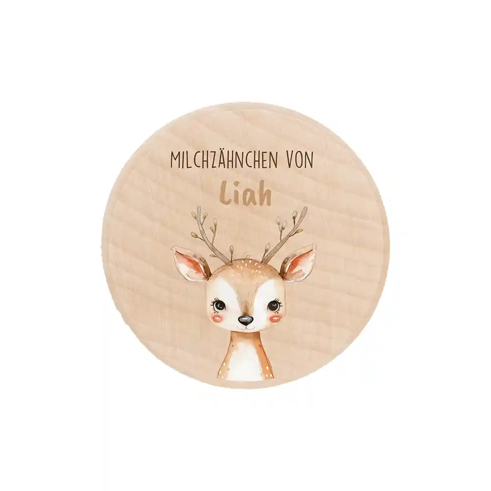 Zahndose Milchzähne personalisiert - Holz Zahnbox mit Wunschnamen - Baby Reh Motiv