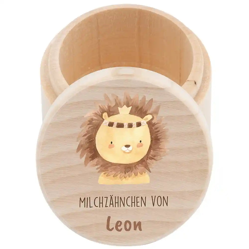 Zahndose Milchzähne personalisiert - Holz Zahnbox mit Wunschnamen - Löwe Motiv