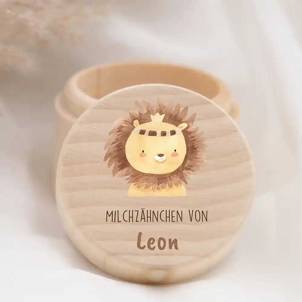 Zahndose Milchzähne personalisiert - Holz Zahnbox mit Wunschnamen - Löwe Motiv