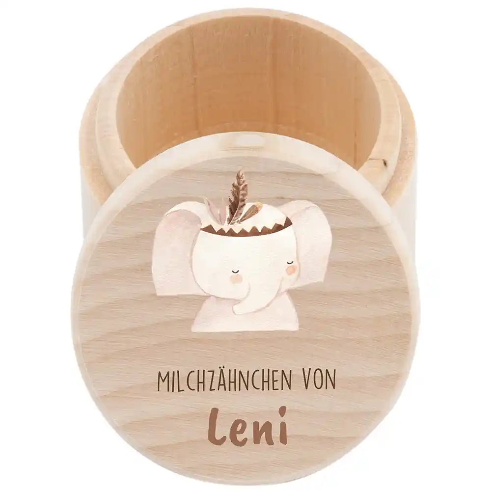 Zahndose Milchzähne personalisiert - Holz Zahnbox mit Wunschnamen - Elefant mit Kranz Motiv