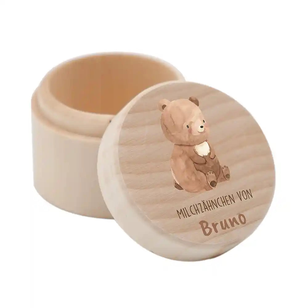 Zahndose Milchzähne personalisiert - Holz Zahnbox mit Wunschnamen - Bär mit Kranz
