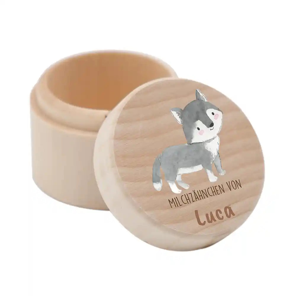 Zahndose Milchzähne personalisiert - Holz Zahnbox mit Wunschnamen - Dachs Motiv