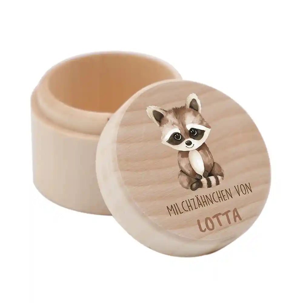 Zahndose Milchzähne personalisiert - Holz Zahnbox mit Wunschnamen - Waschbär