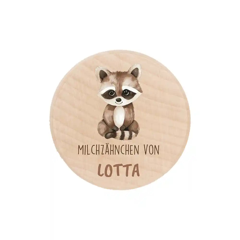 Zahndose Milchzähne personalisiert - Holz Zahnbox mit Wunschnamen - Waschbär