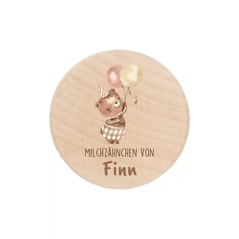 Zahndose Milchzähne personalisiert - Holz Zahnbox mit Wunschnamen - Bär mit Ballon