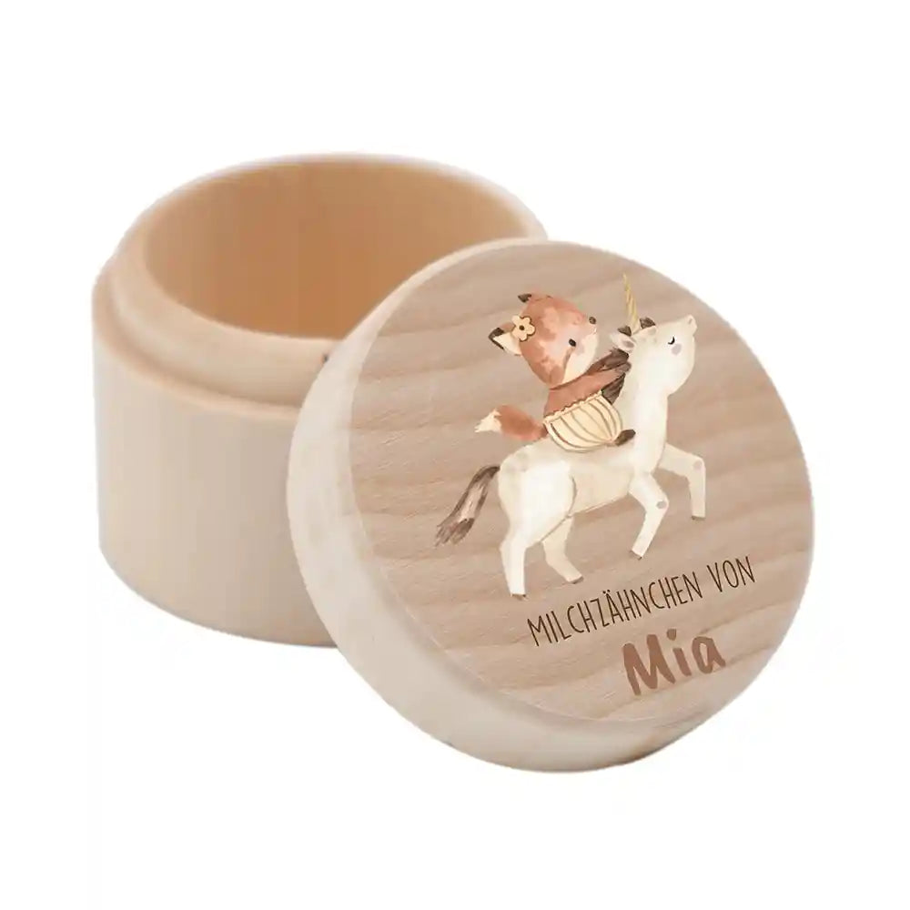 Zahndose Milchzähne personalisiert - Holz Zahnbox mit Wunschnamen - Fuchs auf Einhorn