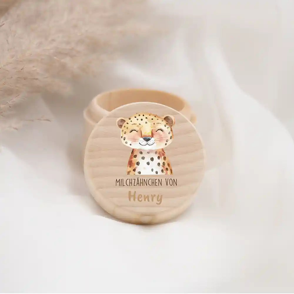 Zahndose Milchzähne personalisiert - Holz Zahnbox mit Wunschnamen - Tiger