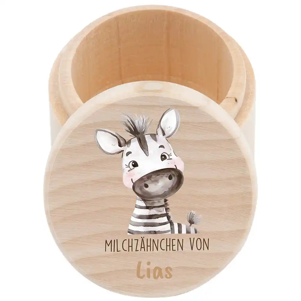 Zahndose Milchzähne personalisiert - Holz Zahnbox mit Wunschnamen - Zebra