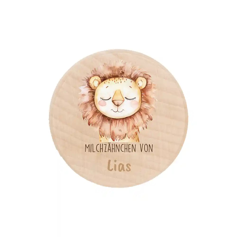 Zahndose Milchzähne personalisiert - Holz Zahnbox mit Wunschnamen - Löwe