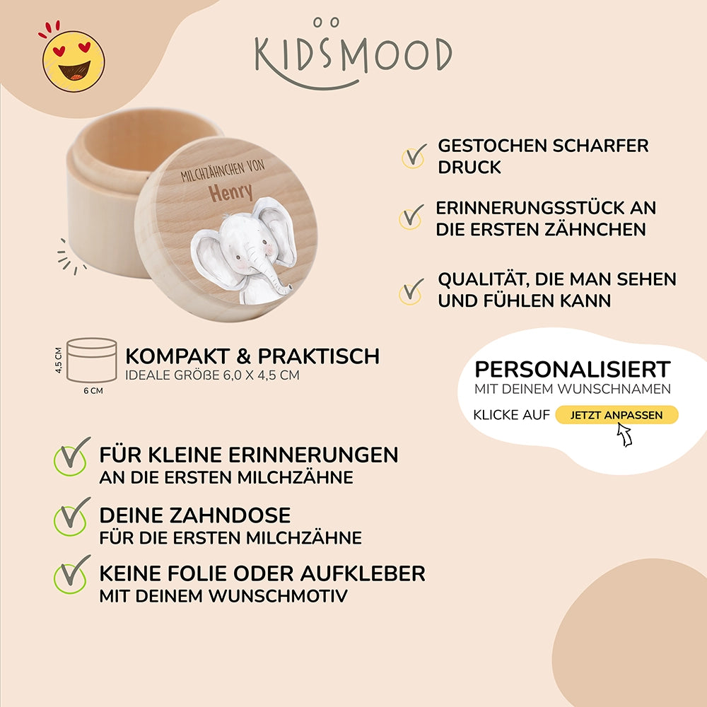 Milchzahndose personalisiert - Jungen Elefant Motiv