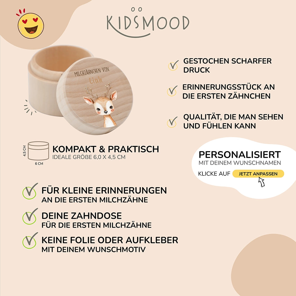 Zahndose Milchzähne personalisiert - Holz Zahnbox mit Wunschnamen - Baby Reh Motiv