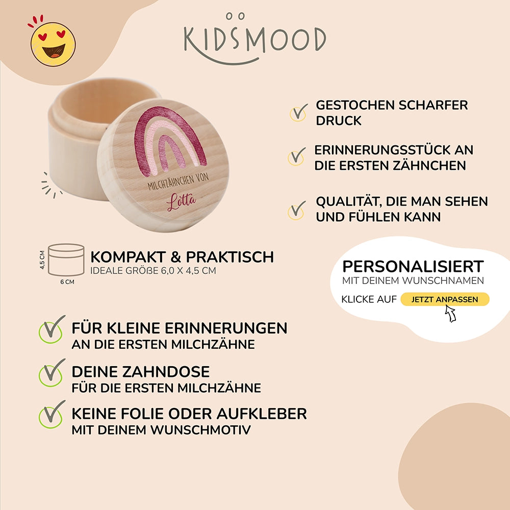 Zahndose Milchzähne personalisiert - Holz Zahnbox mit Wunschnamen - Regenbogen Motiv