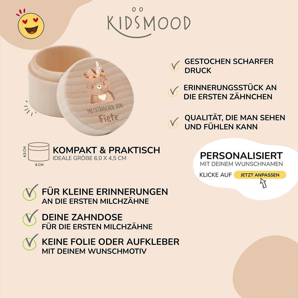 Zahndose Milchzähne personalisiert - Holz Zahnbox mit Wunschnamen - Bohor Bär Motiv