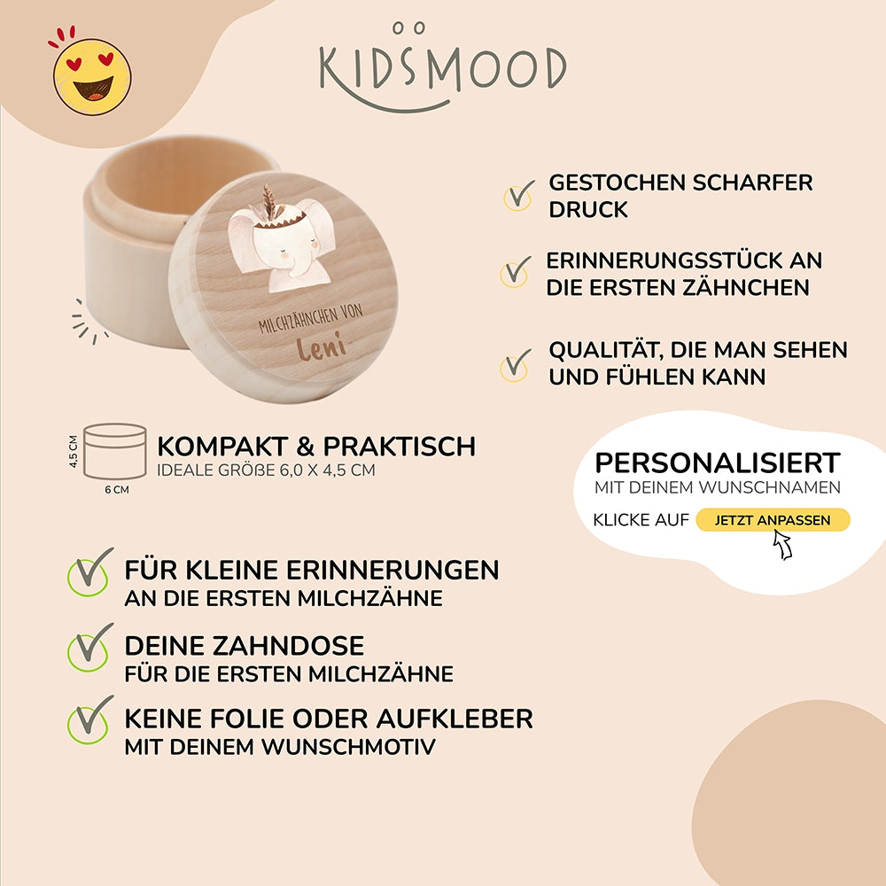 Zahndose Milchzähne personalisiert - Holz Zahnbox mit Wunschnamen - Elefant mit Kranz Motiv