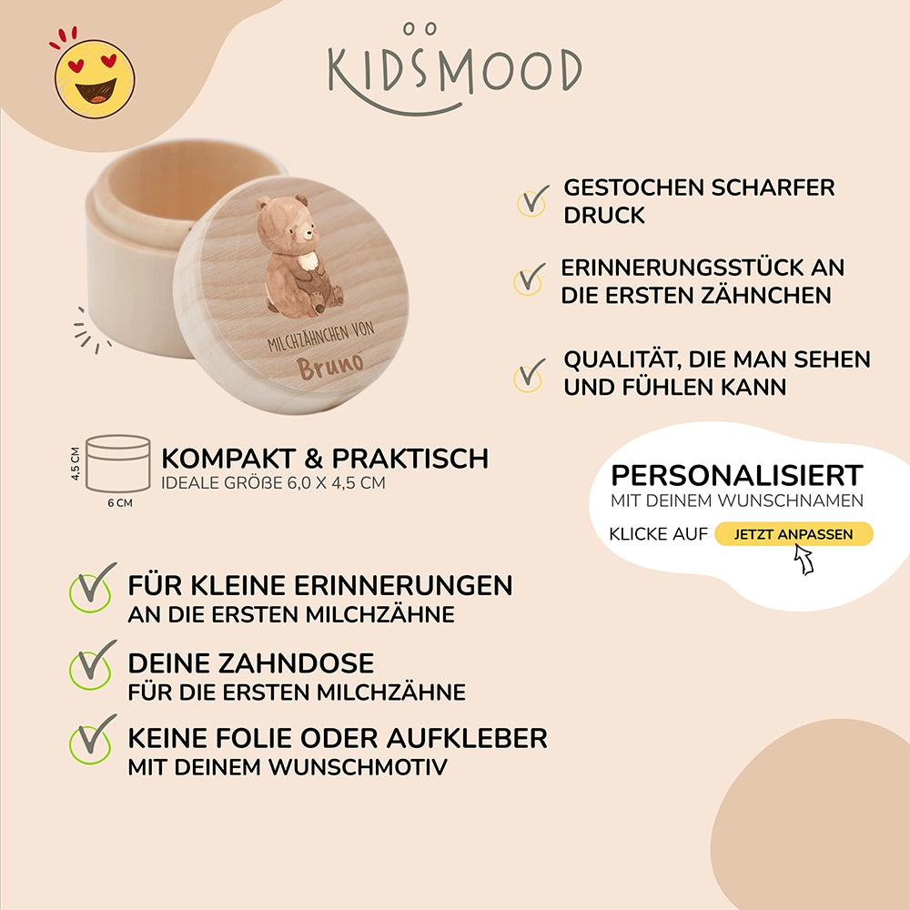 Zahndose Milchzähne personalisiert - Holz Zahnbox mit Wunschnamen - Bär mit Kranz