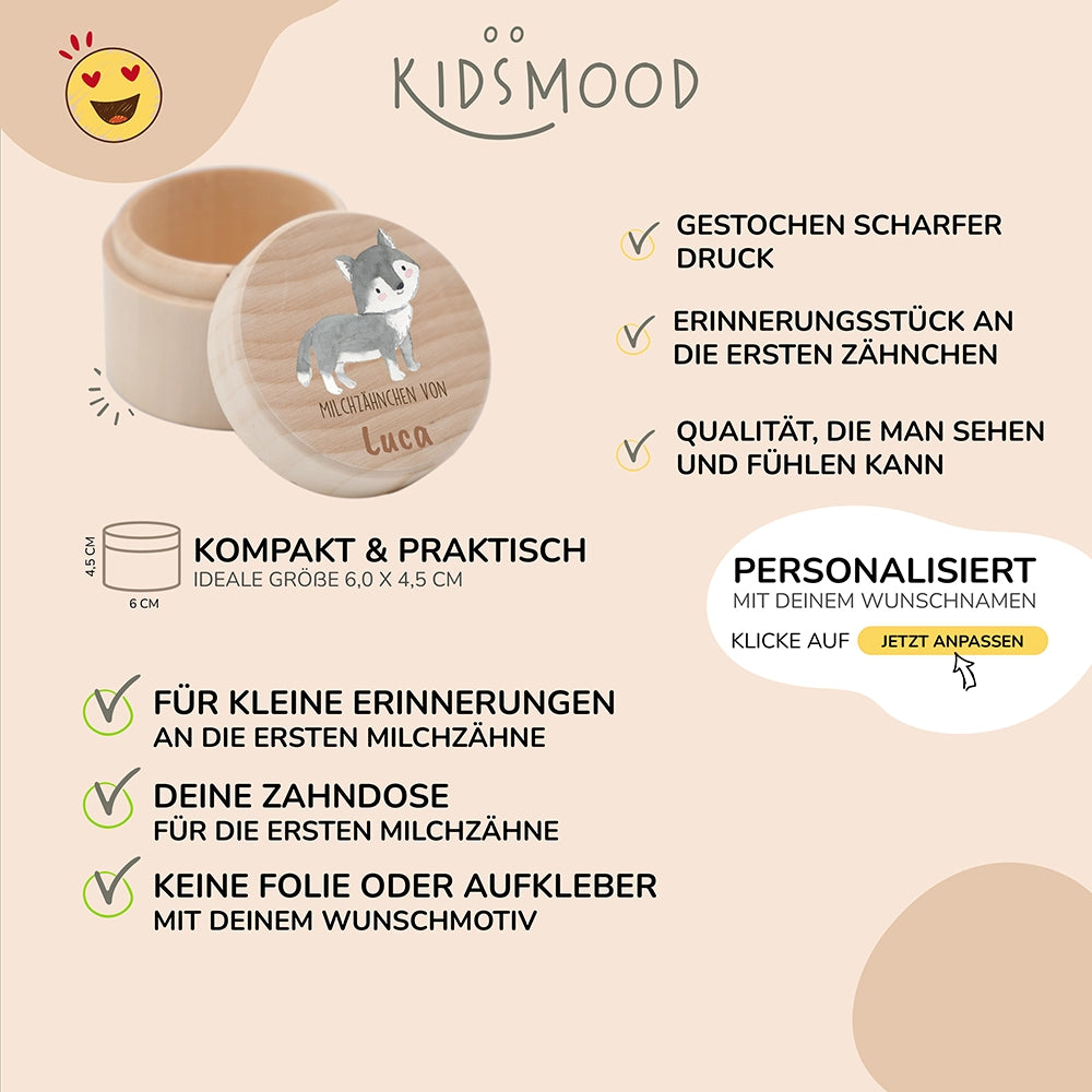 Zahndose Milchzähne personalisiert - Holz Zahnbox mit Wunschnamen - Dachs Motiv