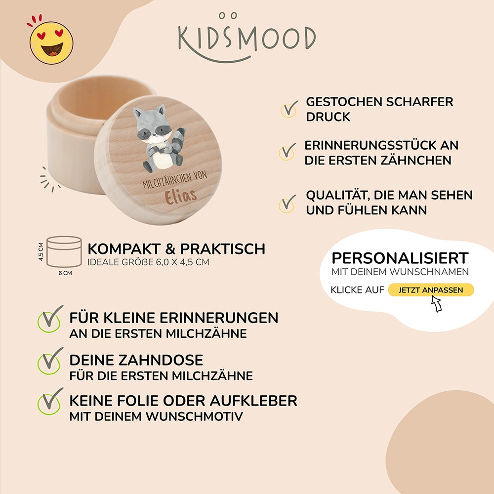 Zahndose Milchzähne personalisiert - Holz Zahnbox mit Wunschnamen - Waschbär Motiv